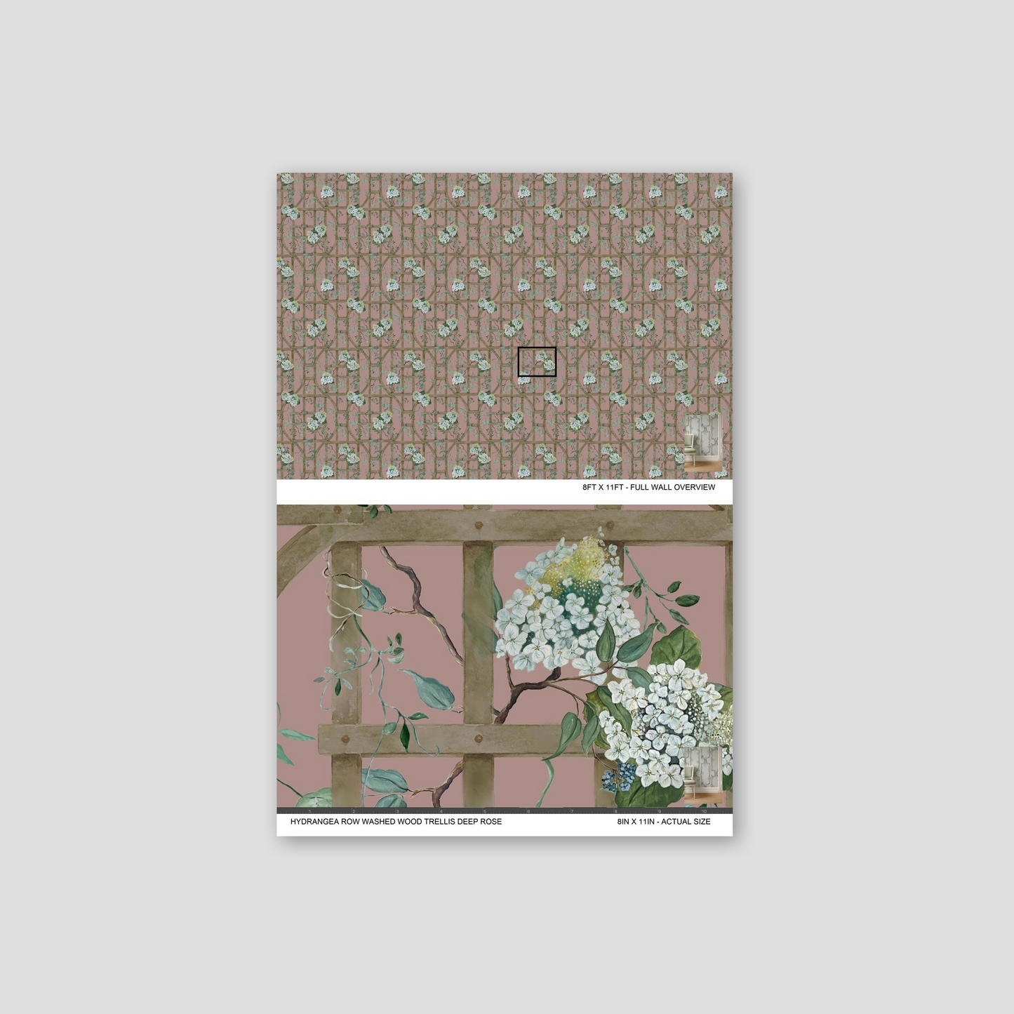 Hydrangea floral wallpaper with wood trellis in mauve and green tones.