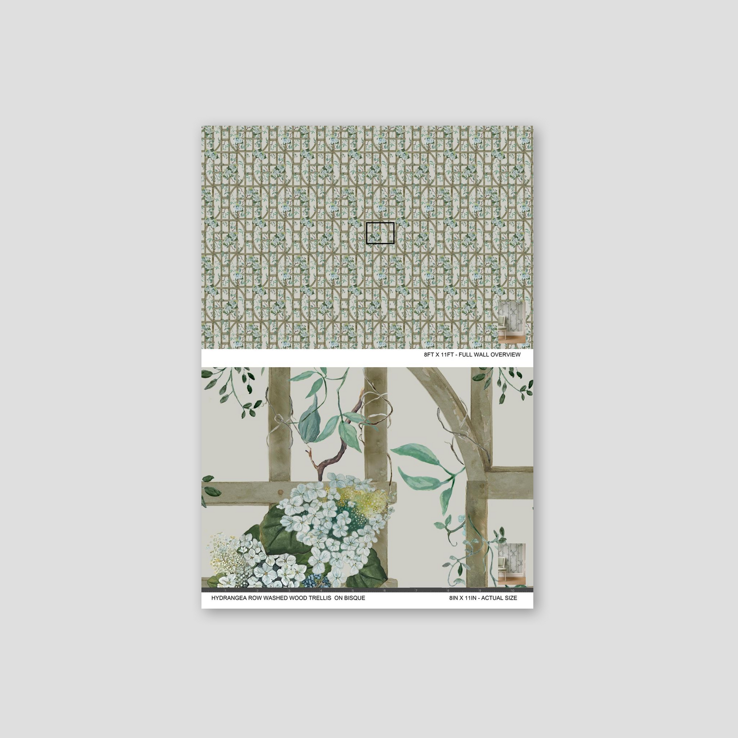 Hydrangea floral wallpaper with wood trellis pattern in muted greens and browns.
