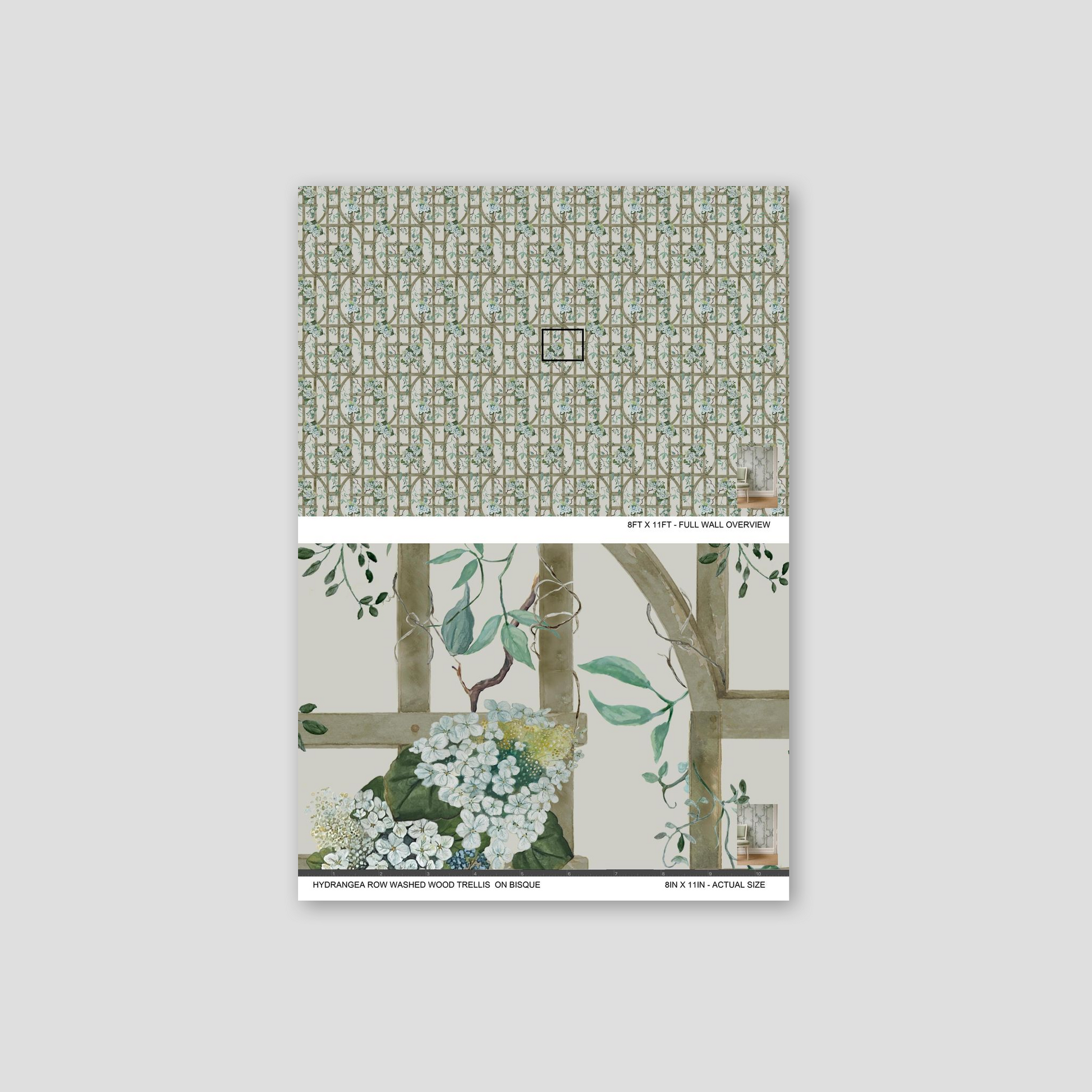 Hydrangea floral wallpaper with wood trellis pattern in muted greens and browns.