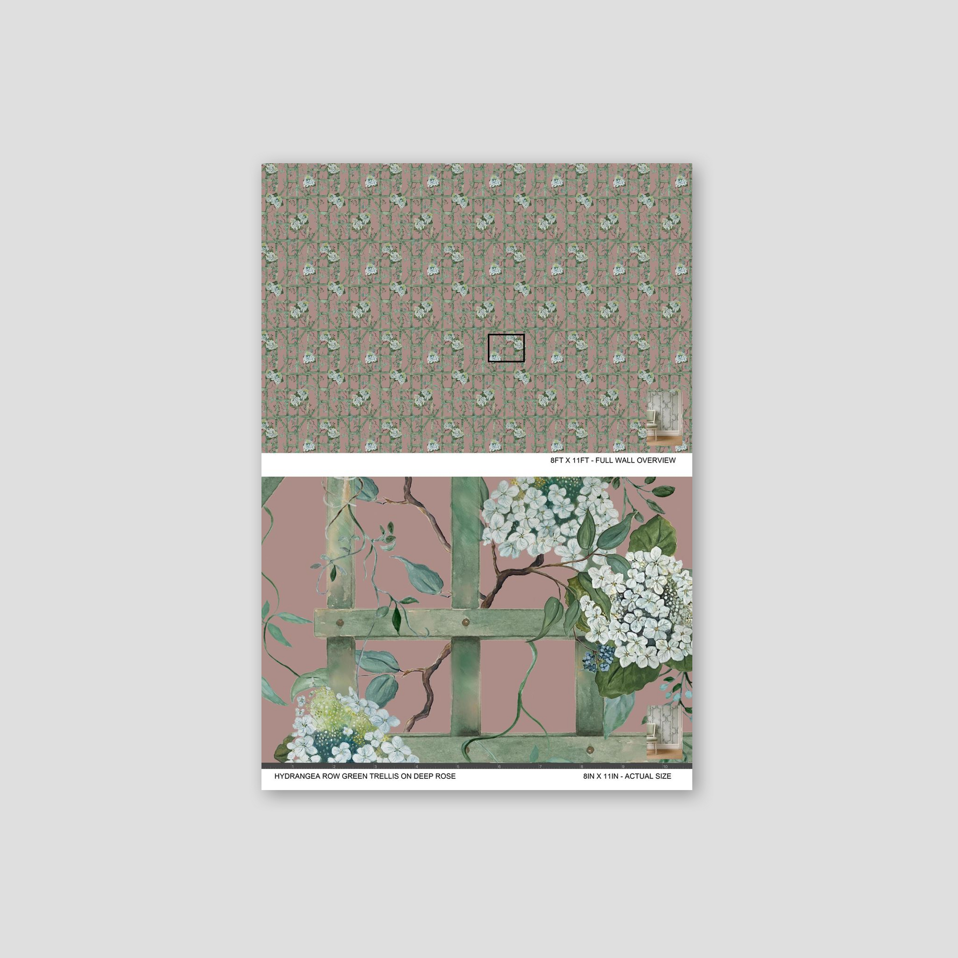 Hydrangea wallpaper with green trellis on deep rose background, floral pattern.