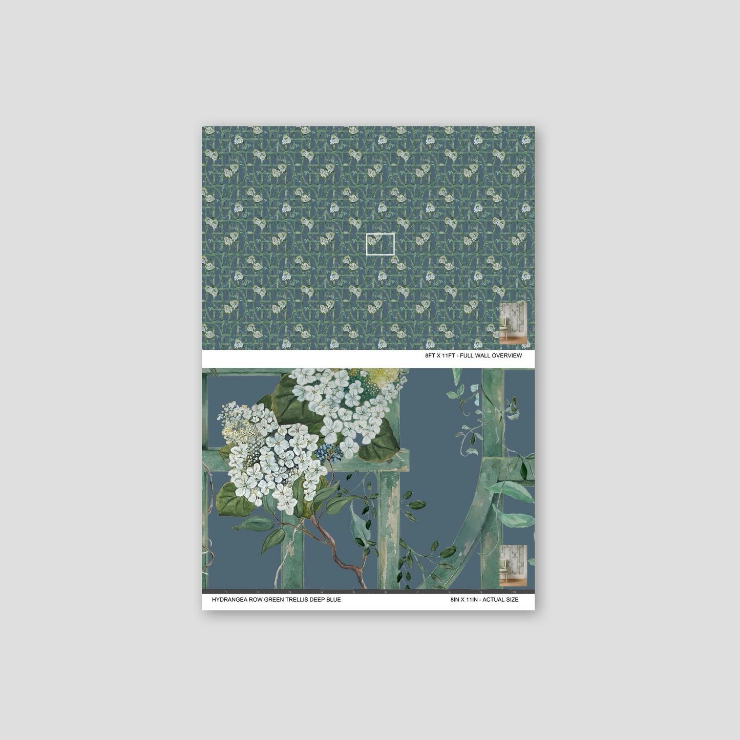 Hydrangea and green trellis wallpaper with deep blue background