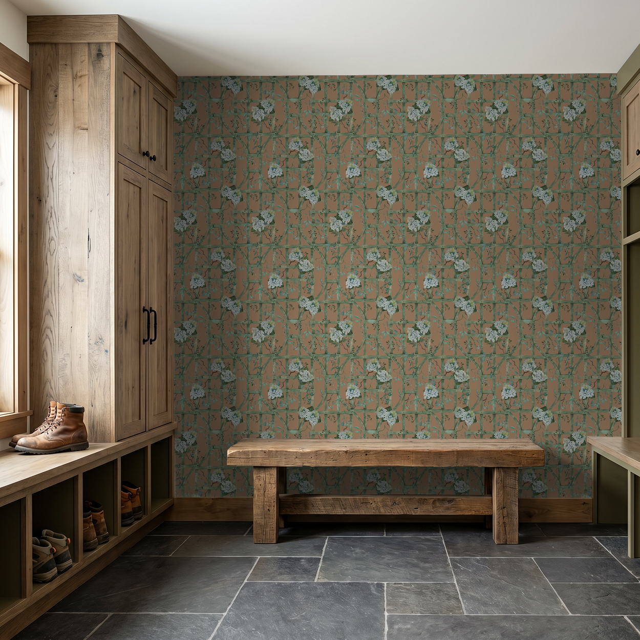 Hydrangea Row wallpaper with green trellis and floral pattern in rustic room with wooden furniture.