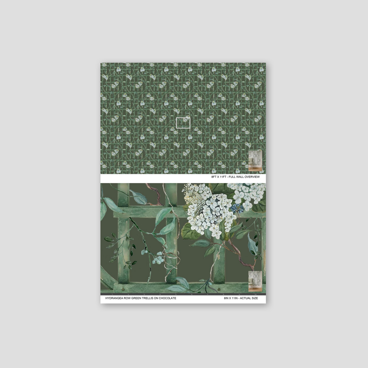 Hydrangea Row Green Trellis on Chocolate wallpaper with floral and lattice pattern