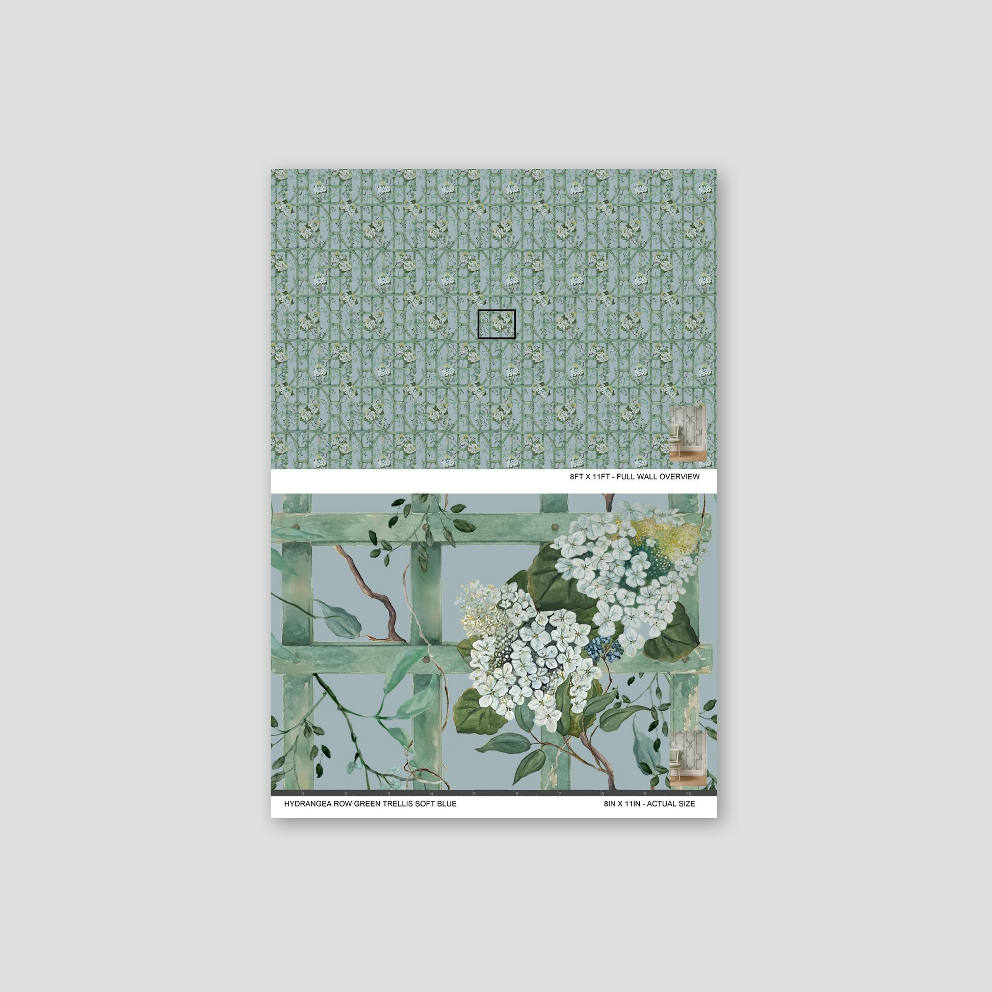 Hydrangea Row Green Trellis wallpaper with soft blue floral pattern sample.