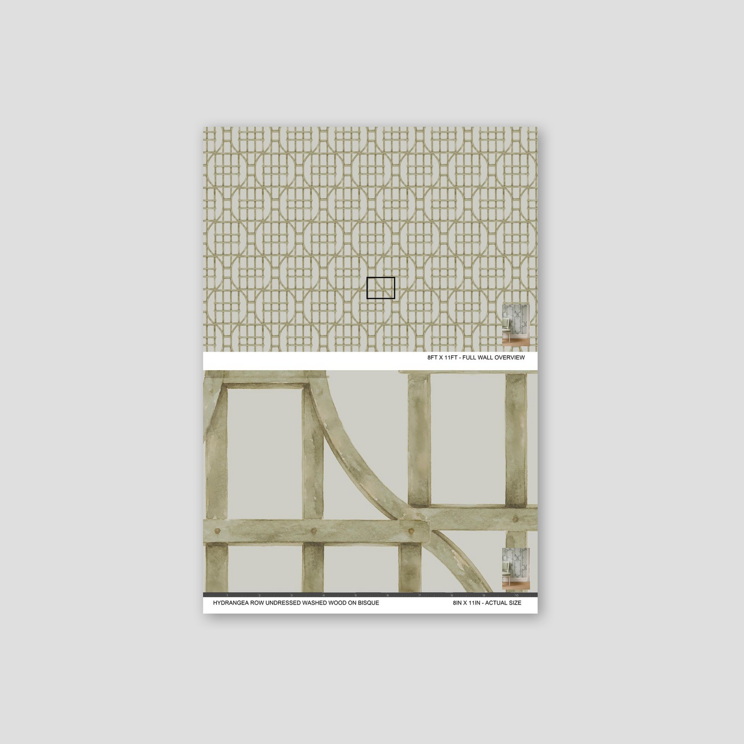 Hydrangea Row wallpaper with olive trellis on cream bisque sample