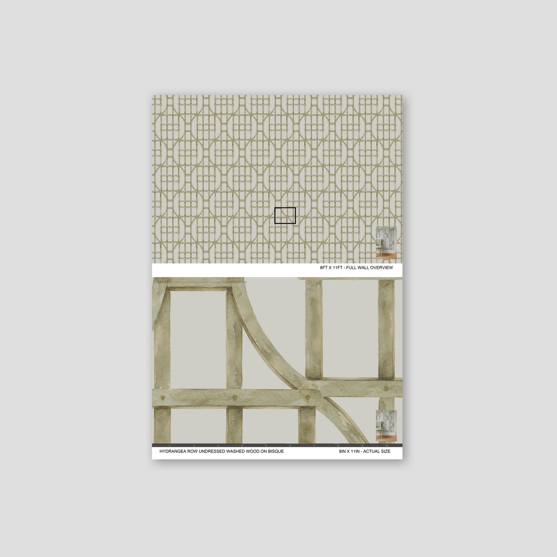 Hydrangea Row wallpaper with olive trellis on cream bisque sample