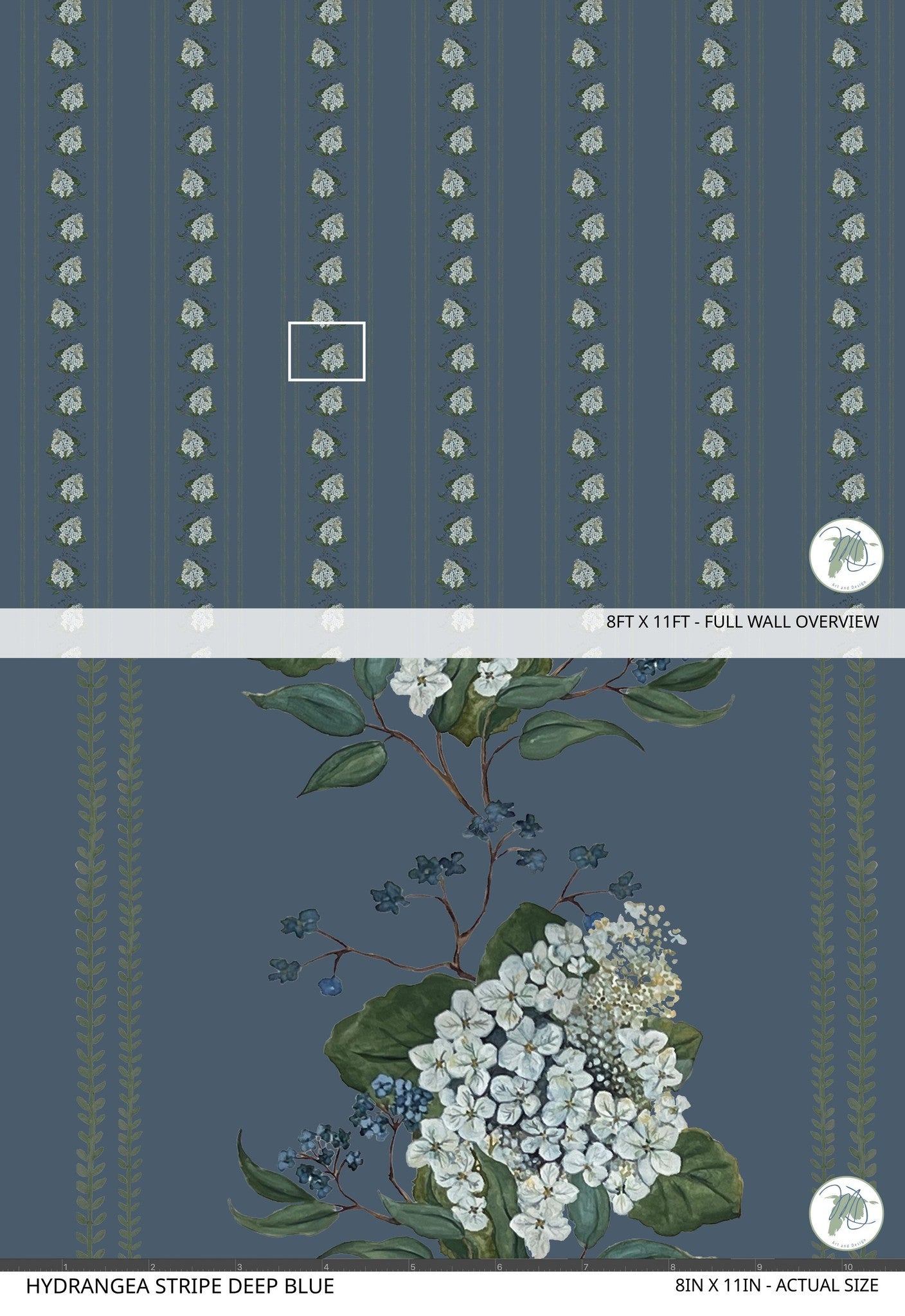 Hydrangea stripe deep blue floral wallpaper with intricate botanical design.