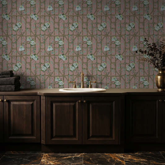 Hydrangea wallpaper with trellis pattern in a bathroom setting with dark wood cabinets.