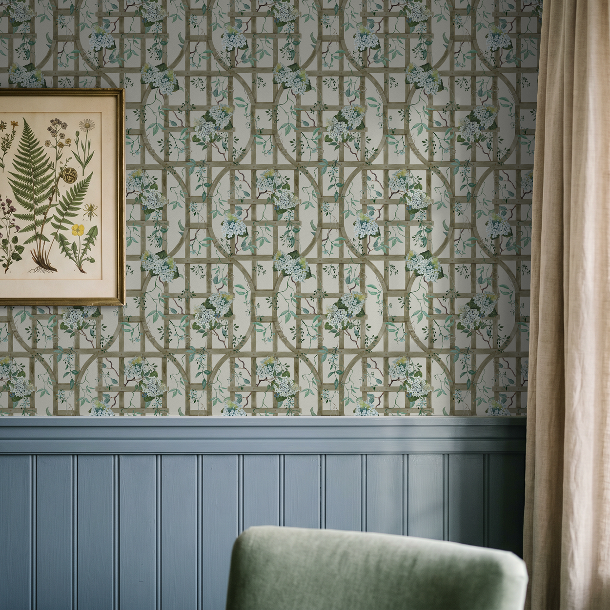 Hydrangea wallpaper with trellis pattern in cozy room setting.