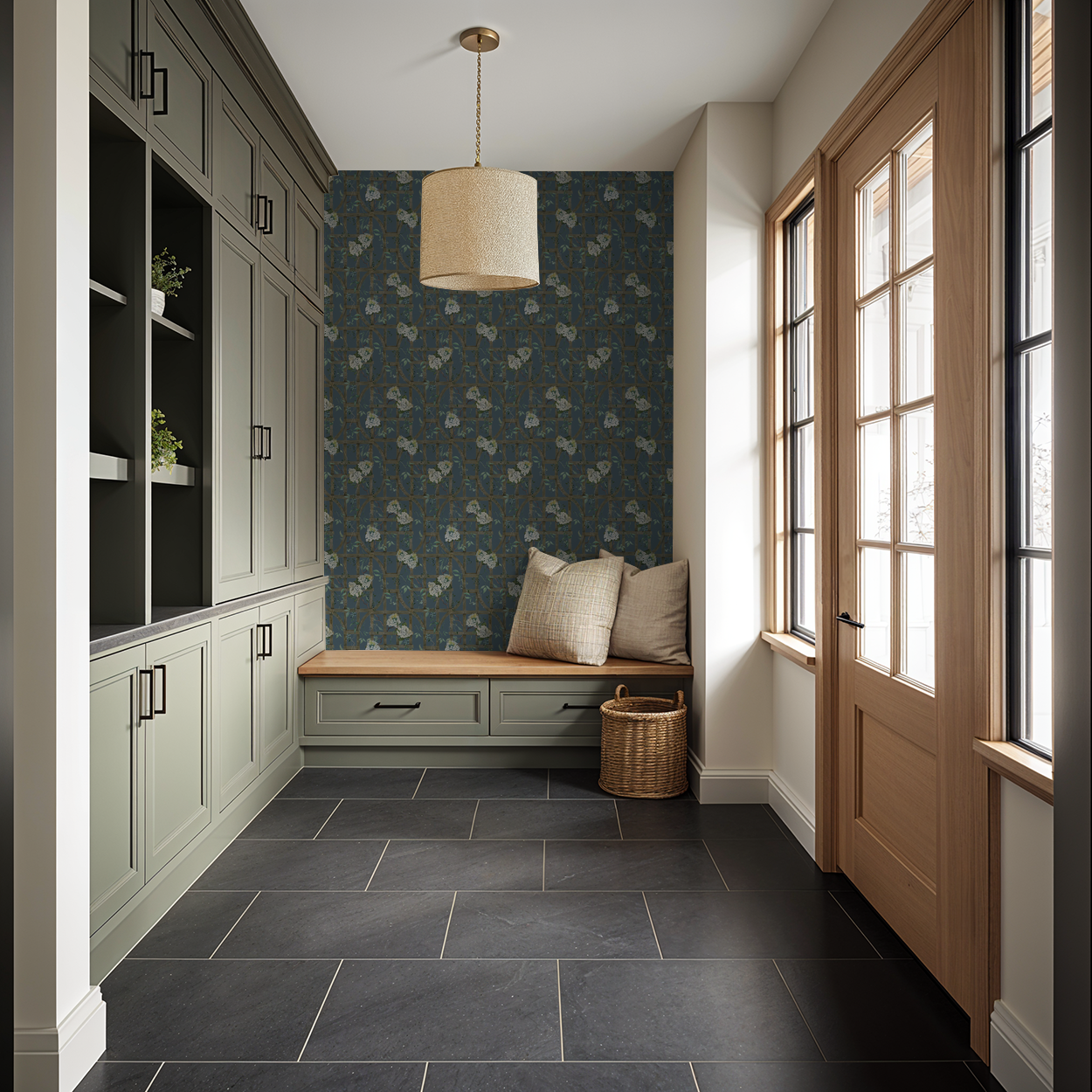 Hydrangea wallpaper with wood trellis in elegant entryway