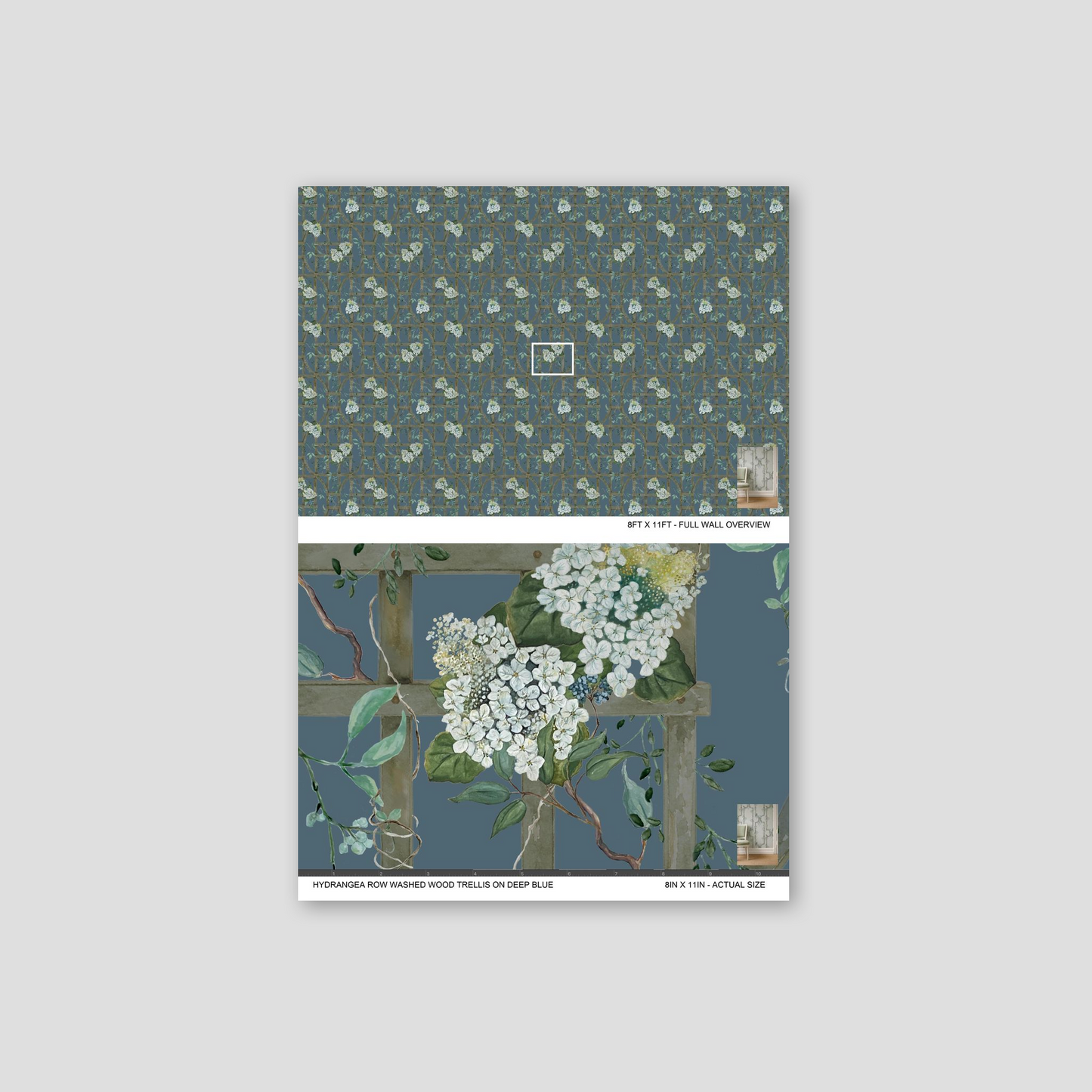 Hydrangea trellis wallpaper with white flowers on deep blue background.