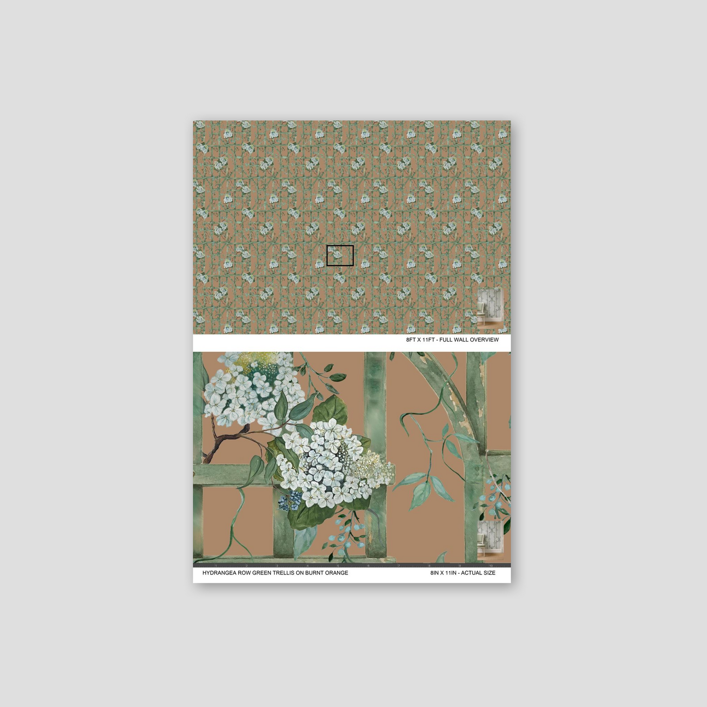 Hydrangea wallpaper with green trellis on burnt orange background