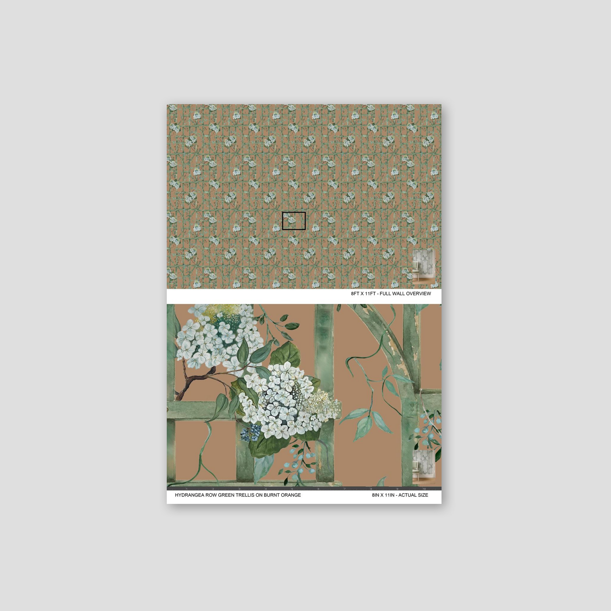 Hydrangea wallpaper with green trellis on burnt orange background