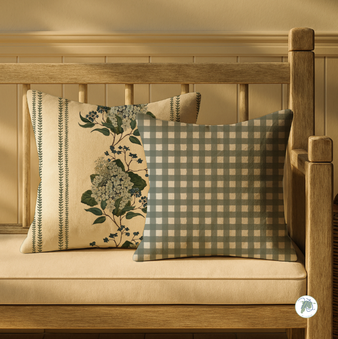 Two decorative pillows on a wooden bench with a neutral color scheme.