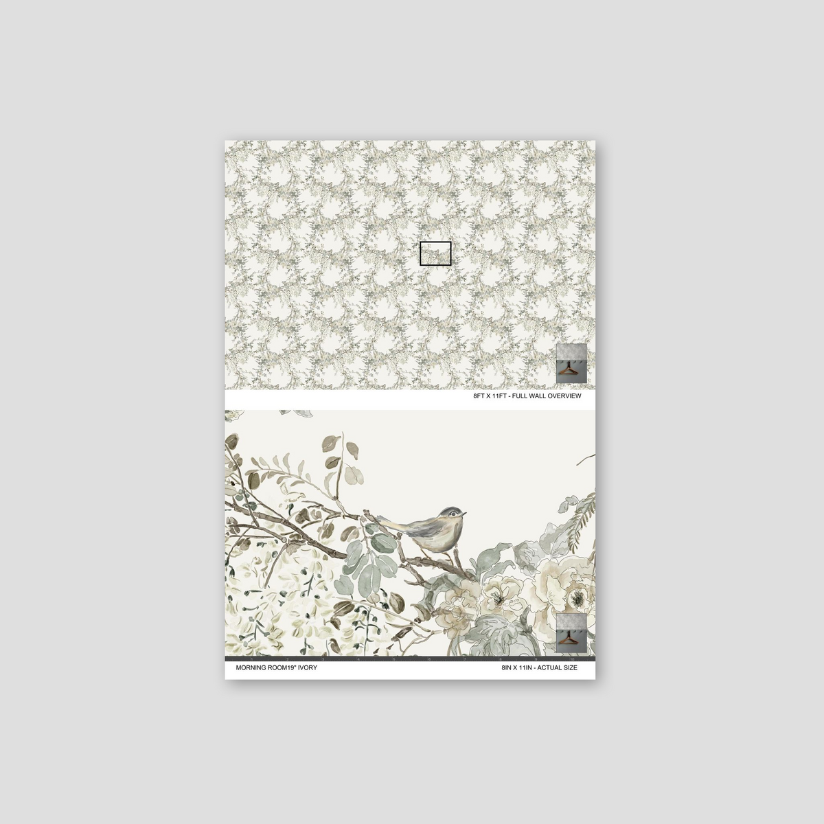 Ivory wallpaper with delicate floral and bird design, featuring branches and muted green leaves.