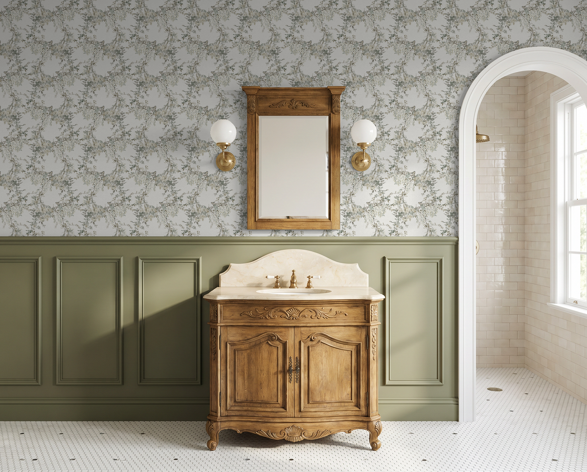 Ivory floral wallpaper with branches in elegant bathroom setting.
