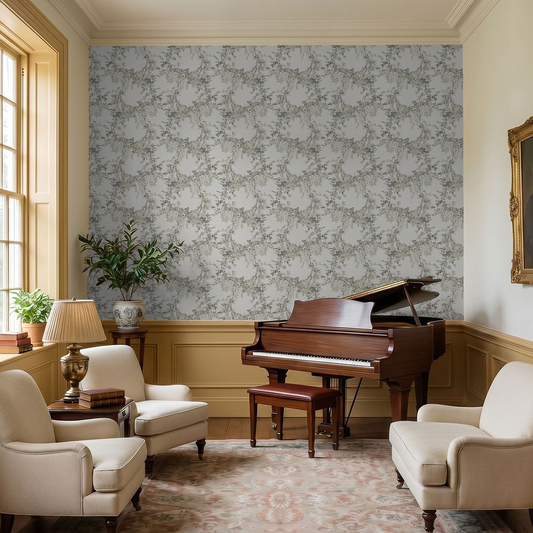 Ivory floral wallpaper with branches in elegant living room with piano.