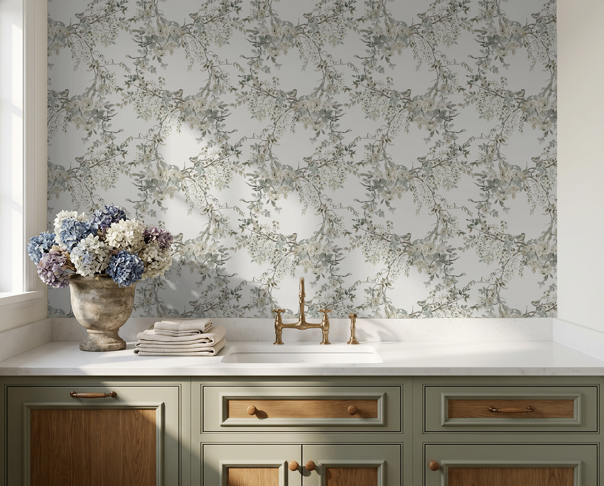 Ivory floral wallpaper with branches in elegant kitchen setting.