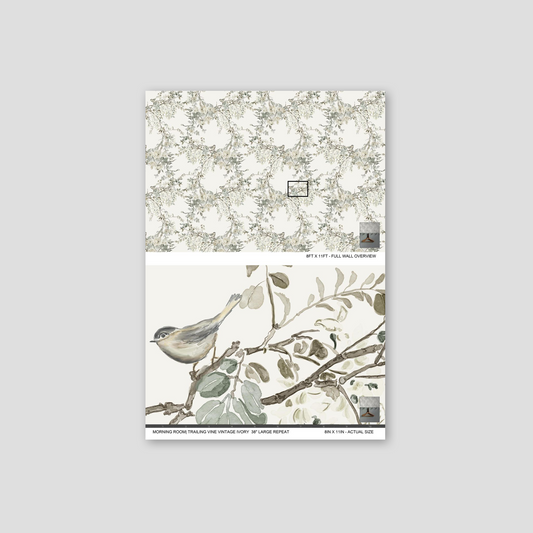 Ivory wallpaper with delicate vines and birds, vintage botanical design.
