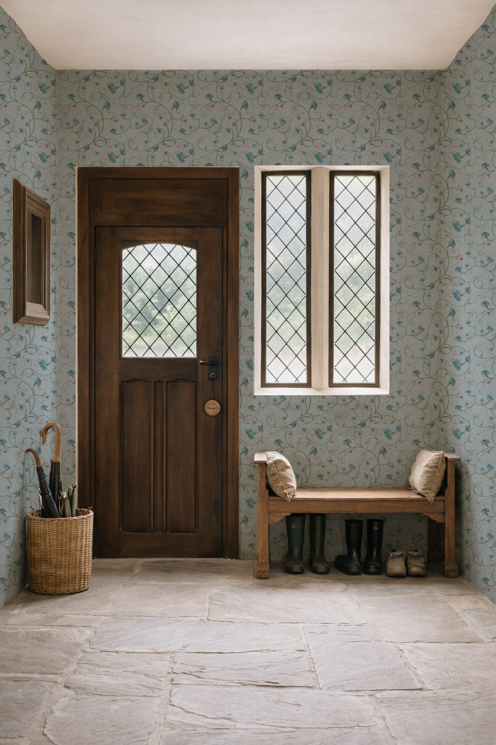 Foyer with wooden door, bench, and patterned wallpaper