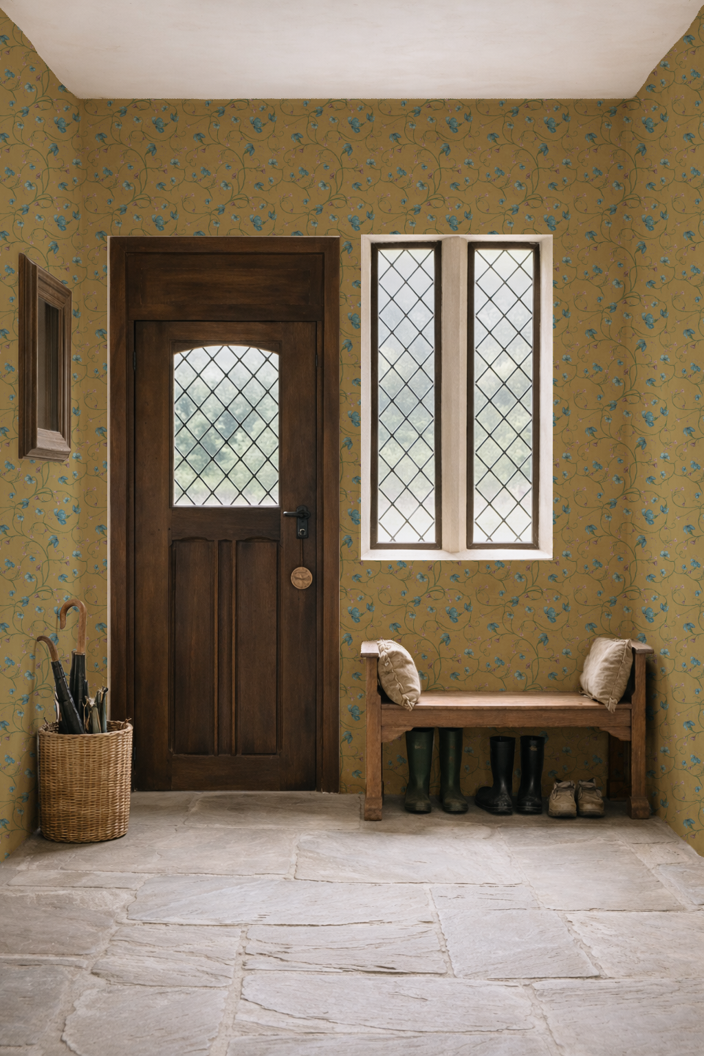 Foyer with wooden door, bench, and floral wallpaper