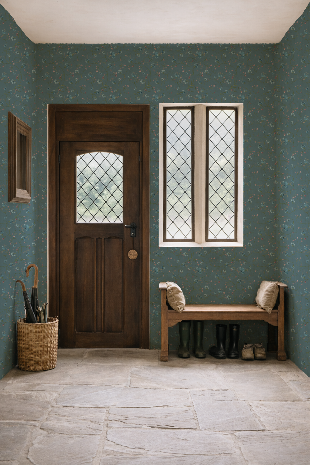 Foyer with wooden door, bench, and decorative wall patterns