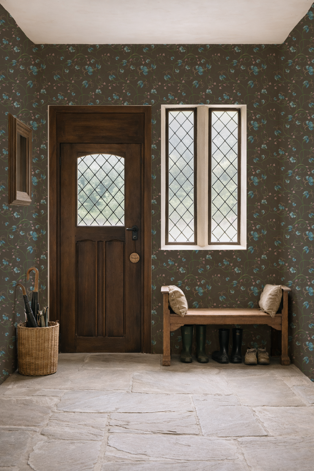 Foyer with wooden door, bench, and patterned walls