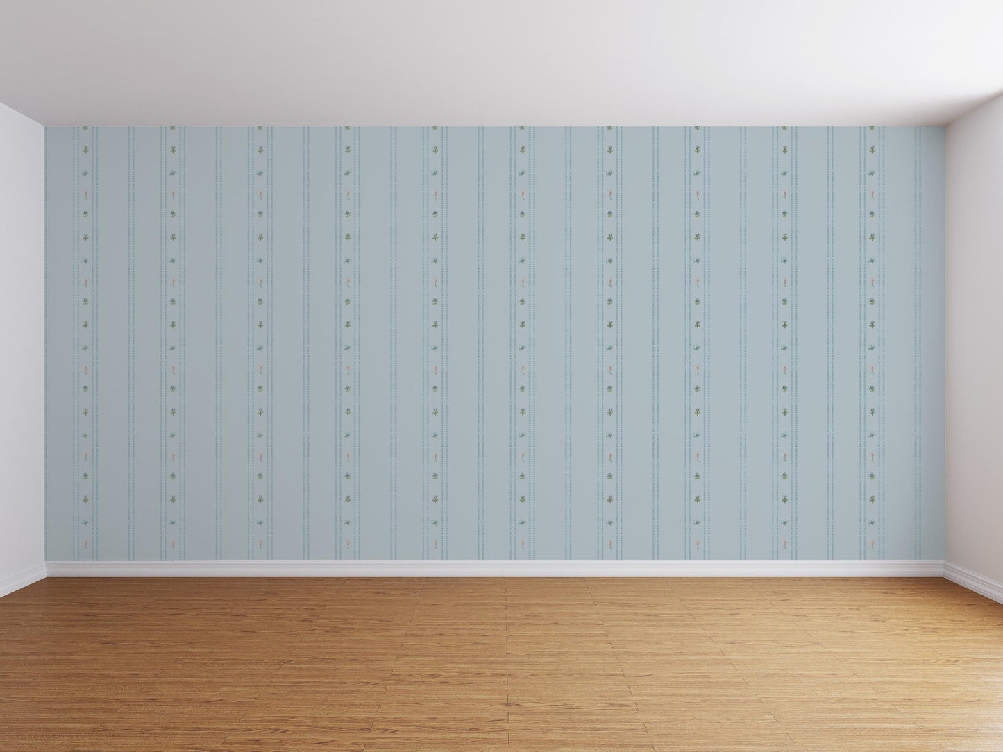 Light blue floral stripe wallpaper in empty room with wooden floor.