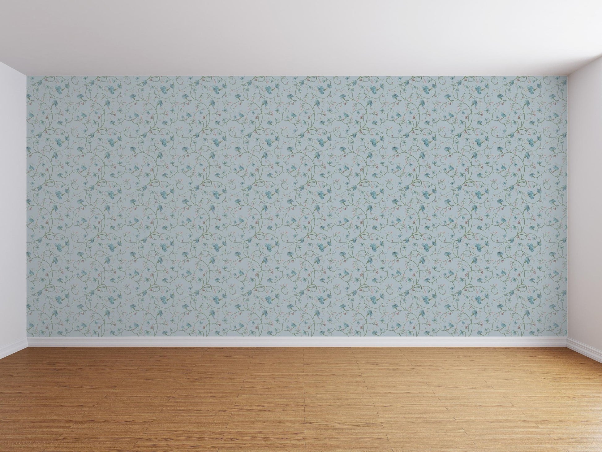Light blue floral wallpaper with vines in an empty room setting.