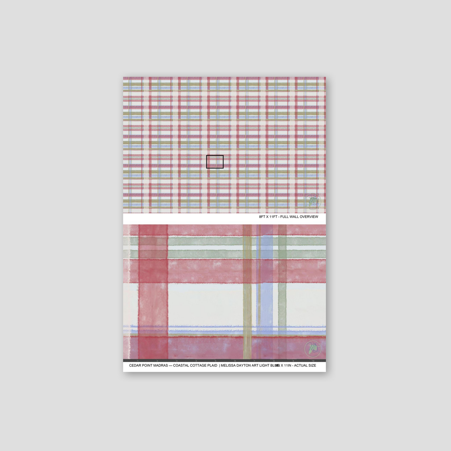 Light blue plaid wallpaper sample with red, blue, and green stripes.