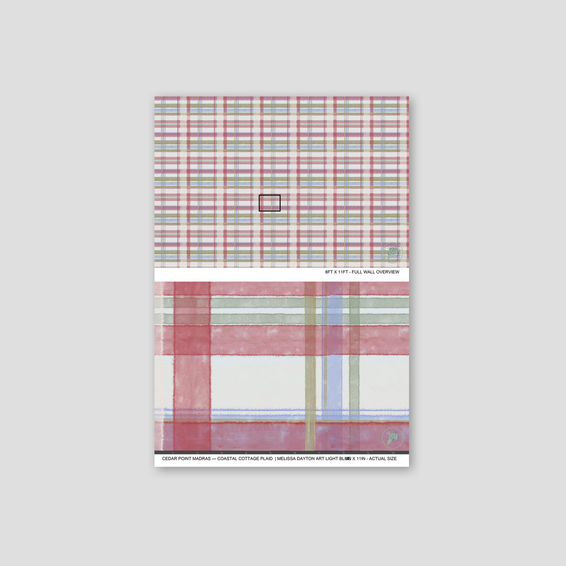 Light blue plaid wallpaper sample with red, blue, and green stripes.