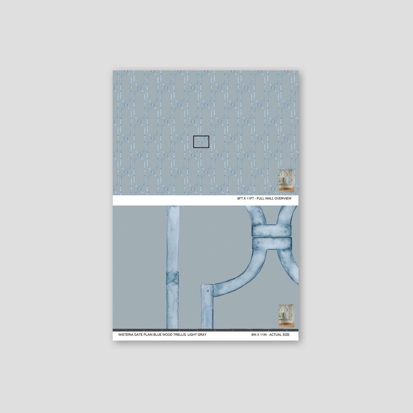 Light gray wallpaper with soft blue trellis pattern, geometric and elegant.
