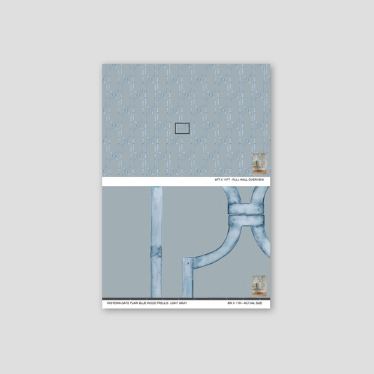 Light gray wallpaper with soft blue trellis pattern, geometric and elegant.