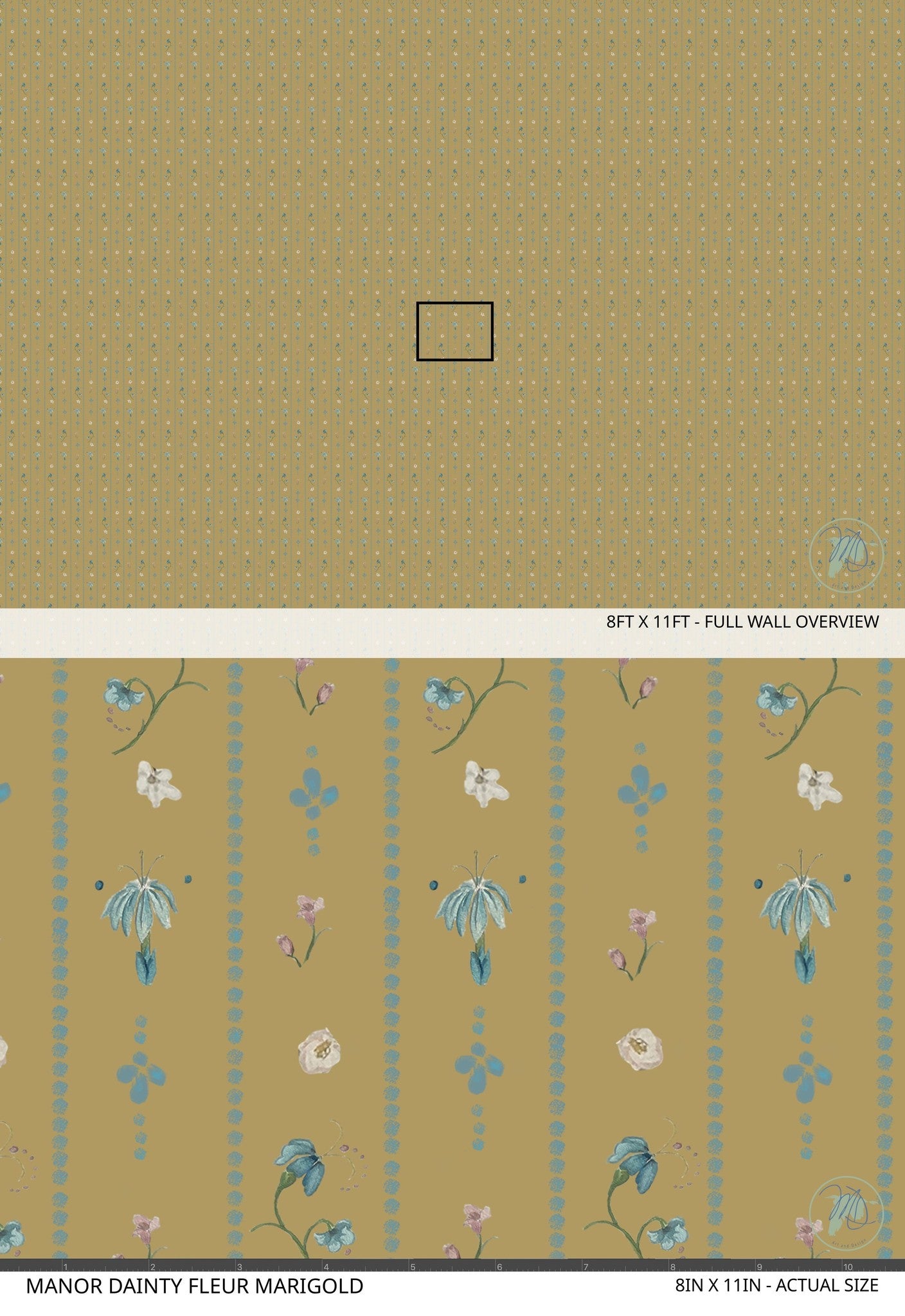 Manor Dainty Fleur Marigold wallpaper with floral pattern on golden backdrop.