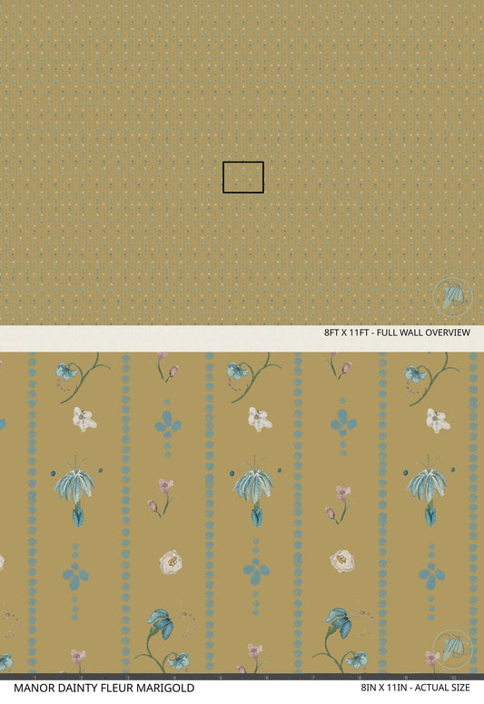 Manor Dainty Fleur Marigold wallpaper with floral pattern on golden backdrop.