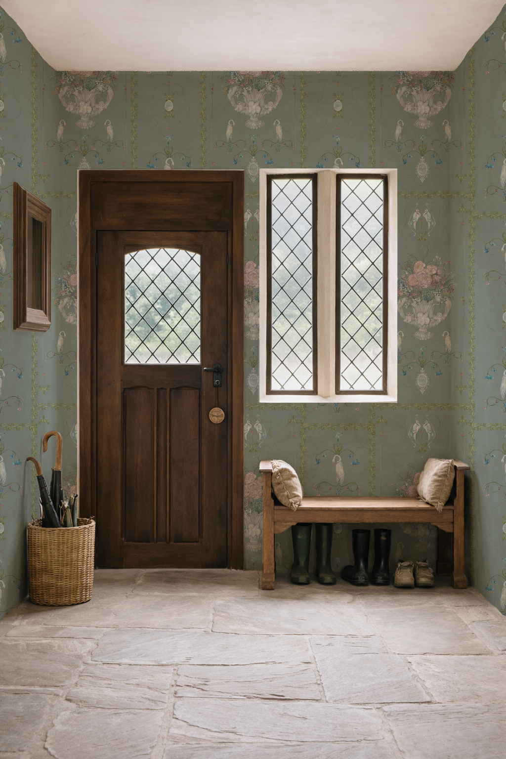 Foyer with wooden door, bench, and decorative wallpaper