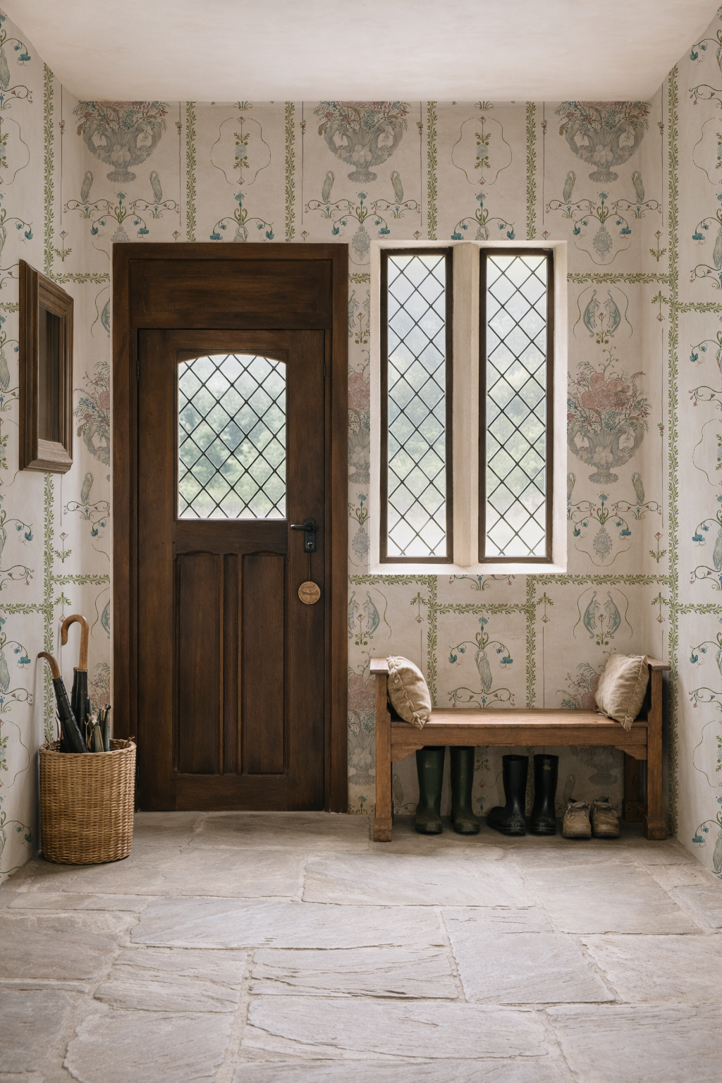 Foyer with wooden door, bench, and patterned wallpaper