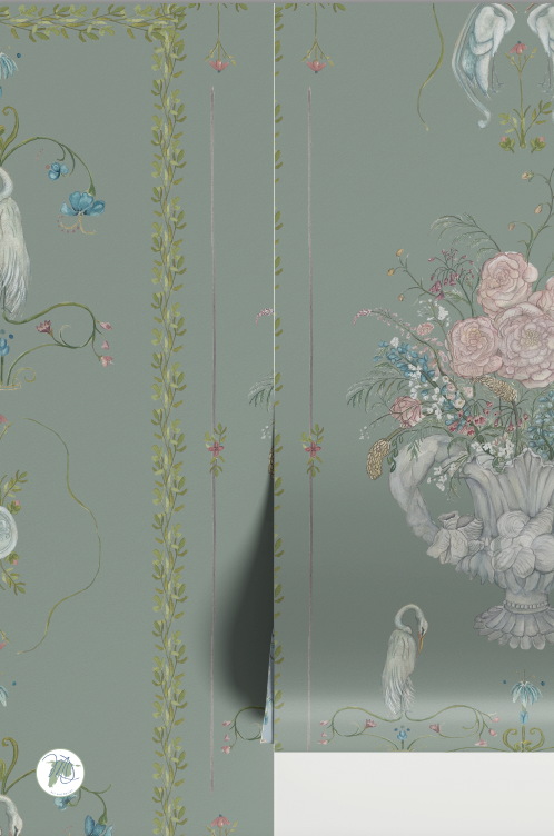 Decorative wallpaper with floral and animal designs on a green background