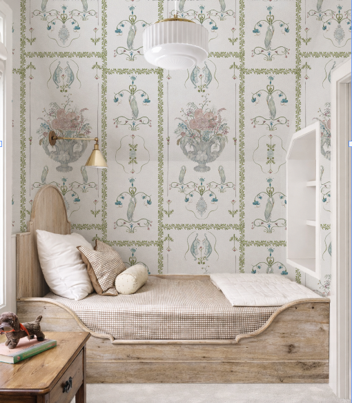 Nook with wooden bench against decorative wallpaper