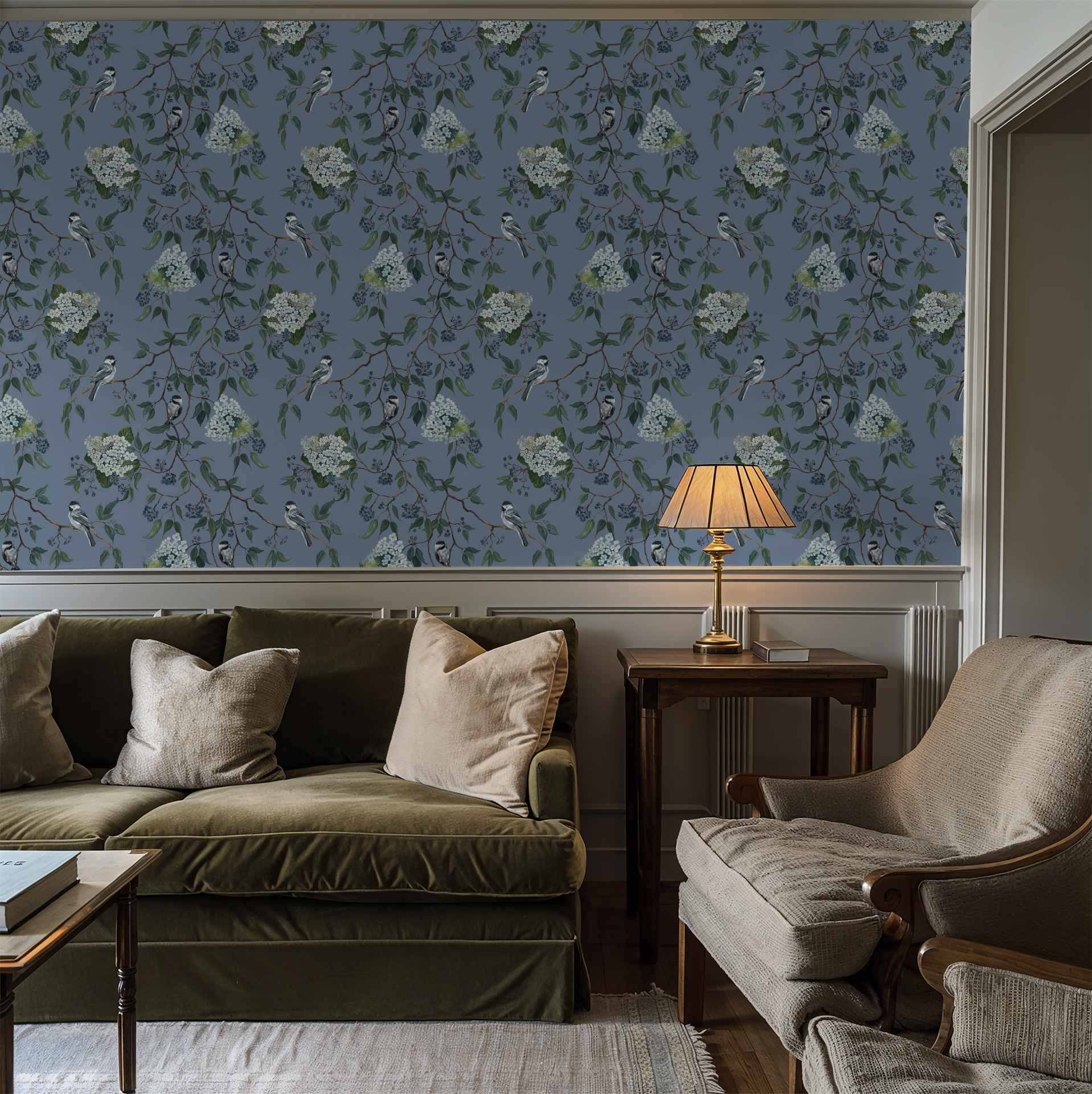 Medium blue floral wallpaper with birds in elegant living room setting.