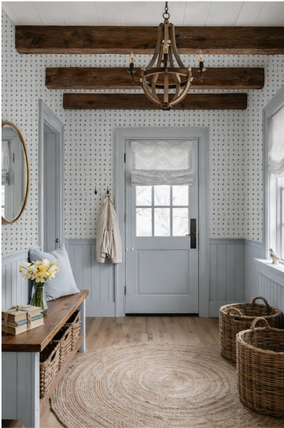 mini floral wallpaper in a foyer with blue panels 