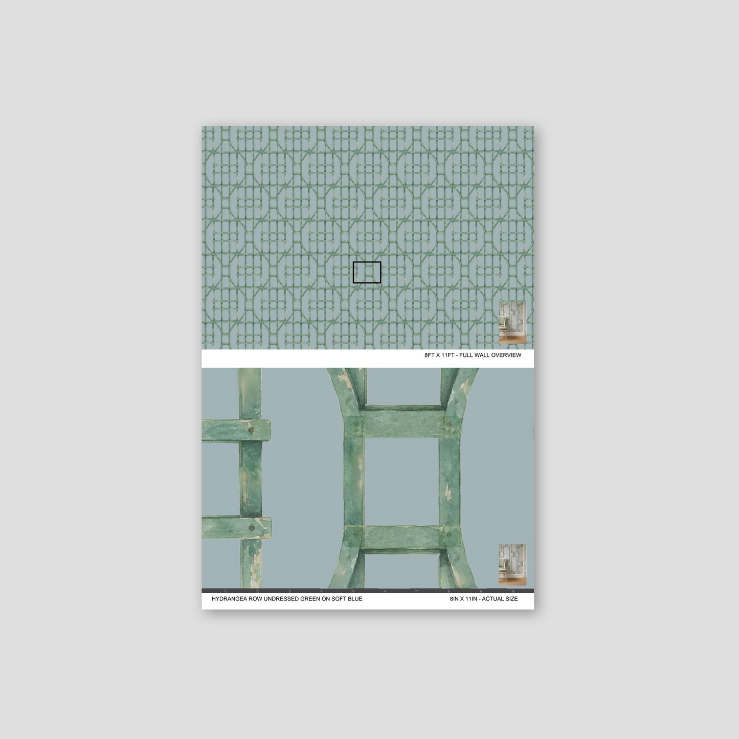 Mint green trellis pattern on sky blue wallpaper sample.