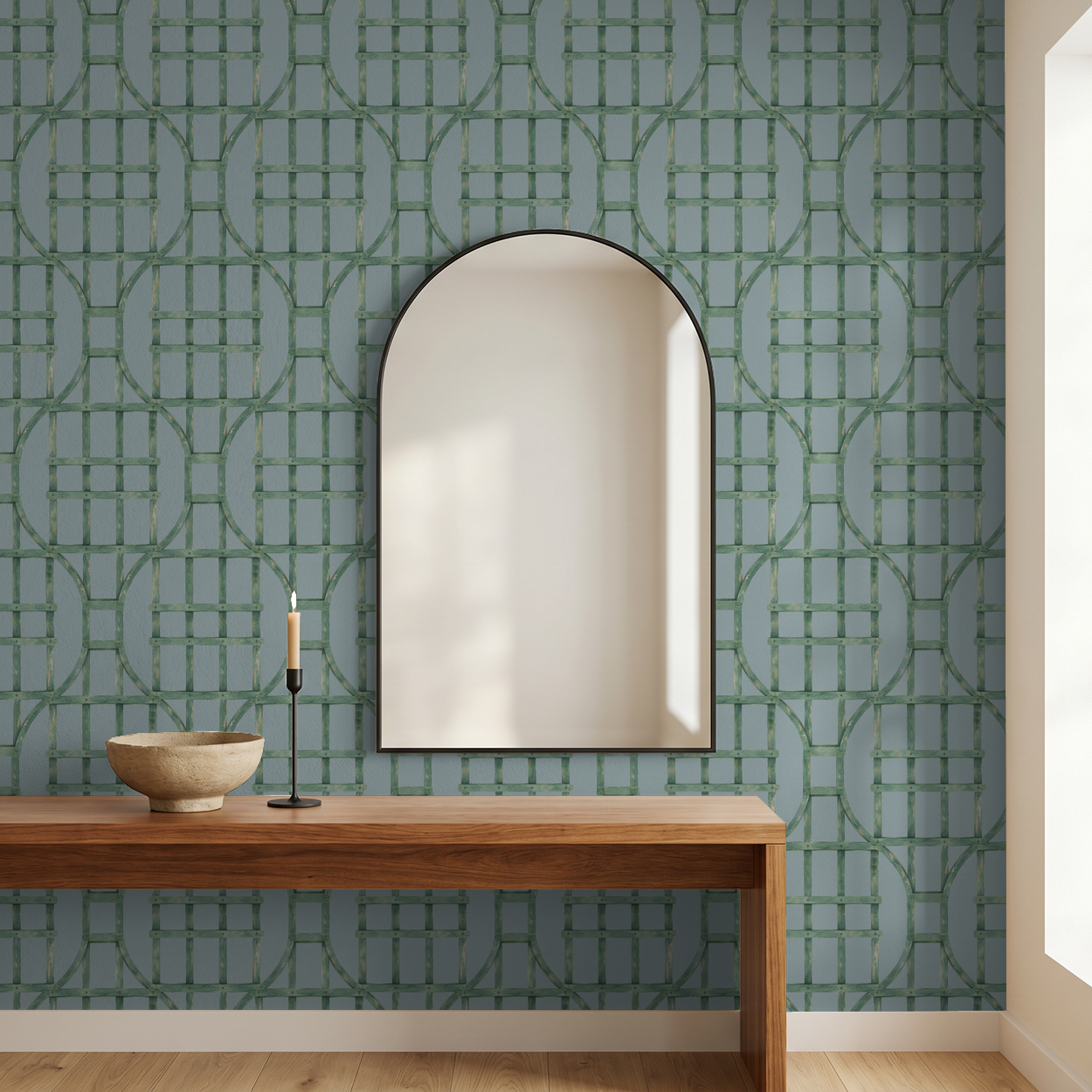 Mint green trellis pattern on soft blue wallpaper in a modern room with mirror and wooden table.