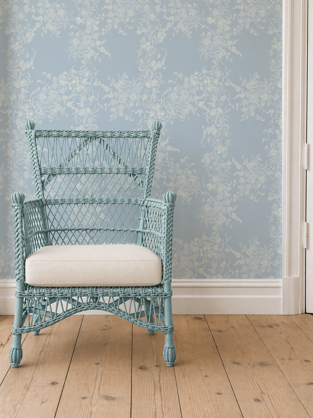 Sun Room Wallpaper | Climbing Floral Vine | Misty Blue Monochrome | Melissa Dayton Wallpaper