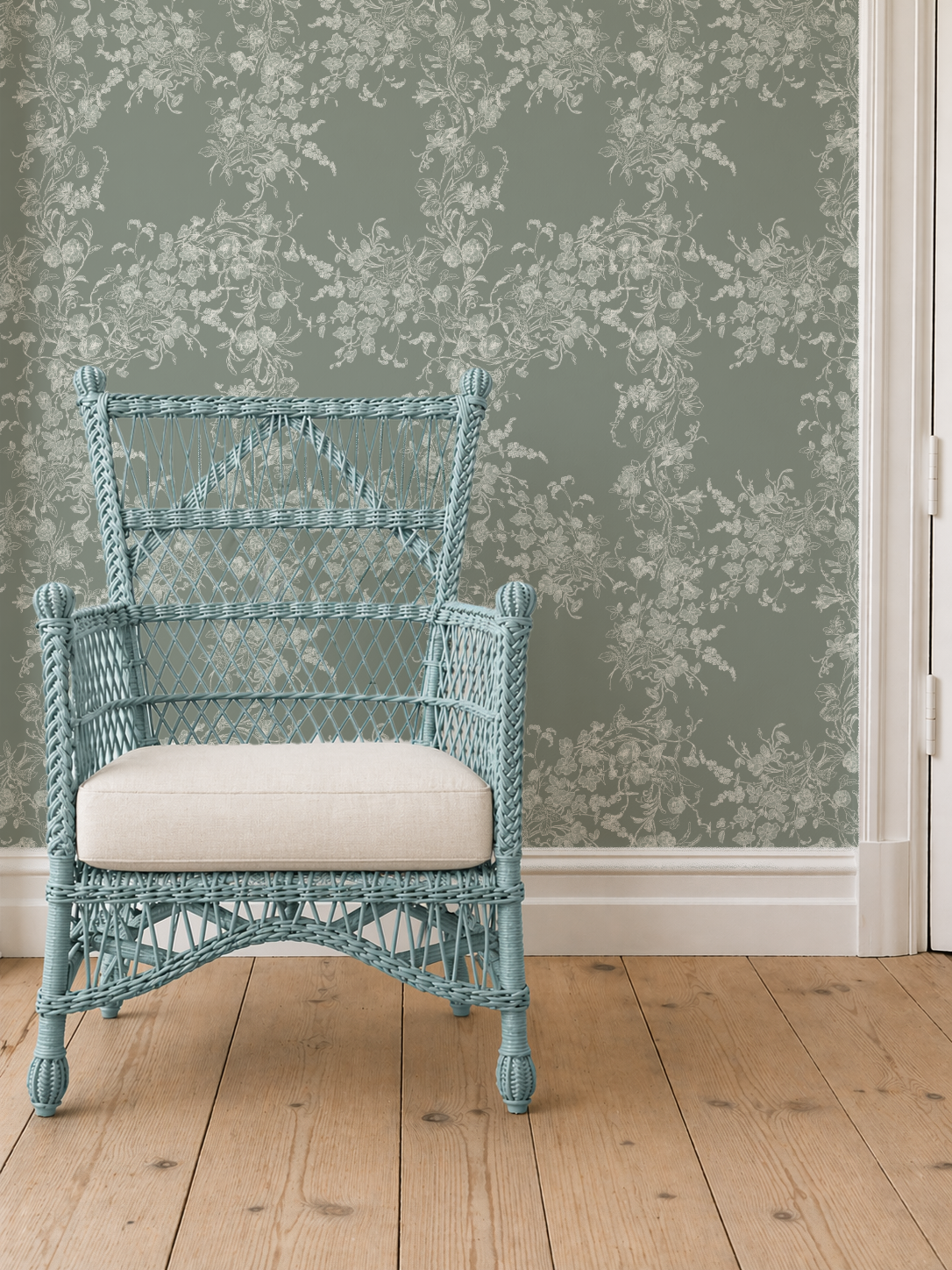 Sun Room Wallpaper | Climbing Floral Vine | Mossy Green  Monochrome | Melissa Dayton Wallpaper