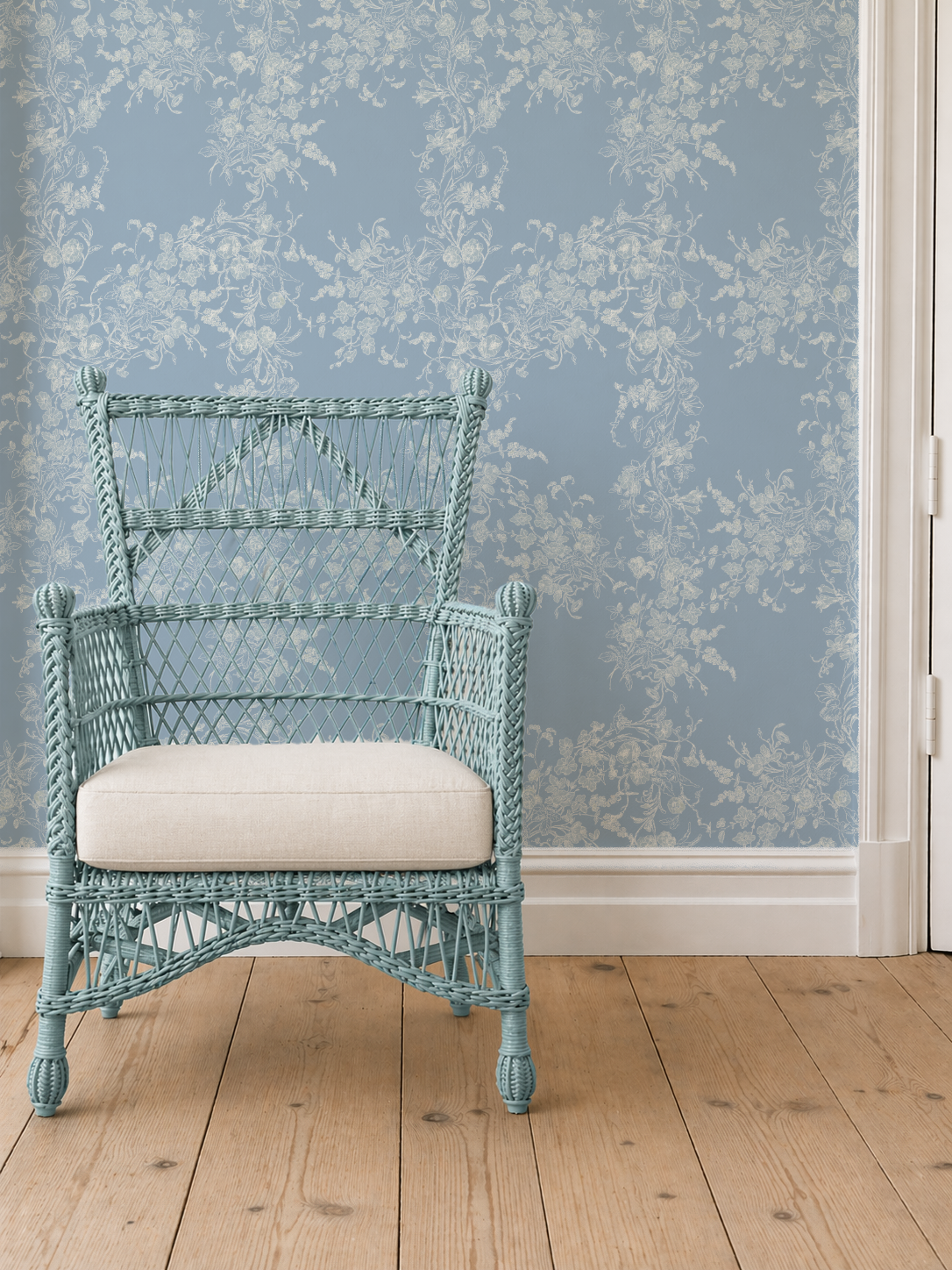 Sun Room Wallpaper | Climbing Floral Vine | Blue Monochrome | Melissa Dayton Wallpaper