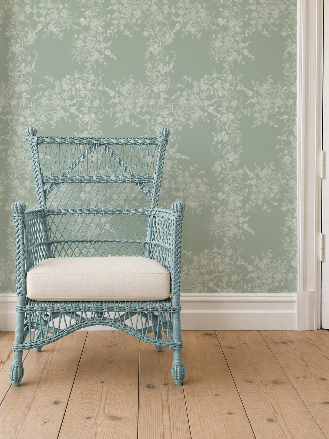 Sun Room Wallpaper | Climbing Floral Vine |Garden Green Monochrome | Melissa Dayton Wallpaper