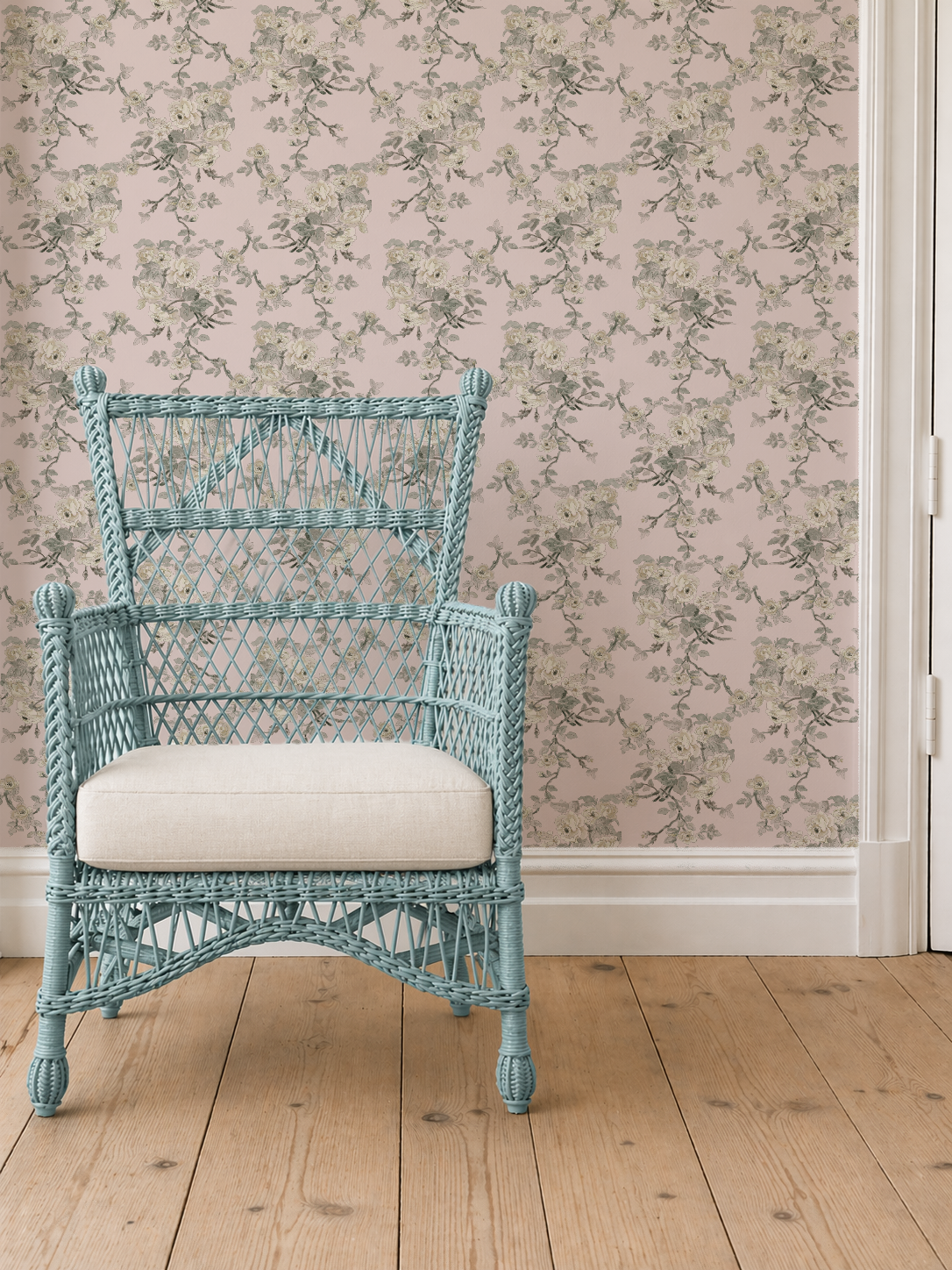 The Garden Room Vintage Petal| Weeping Wallpaper by Melissa Dayton in a room with a blue wicker chair