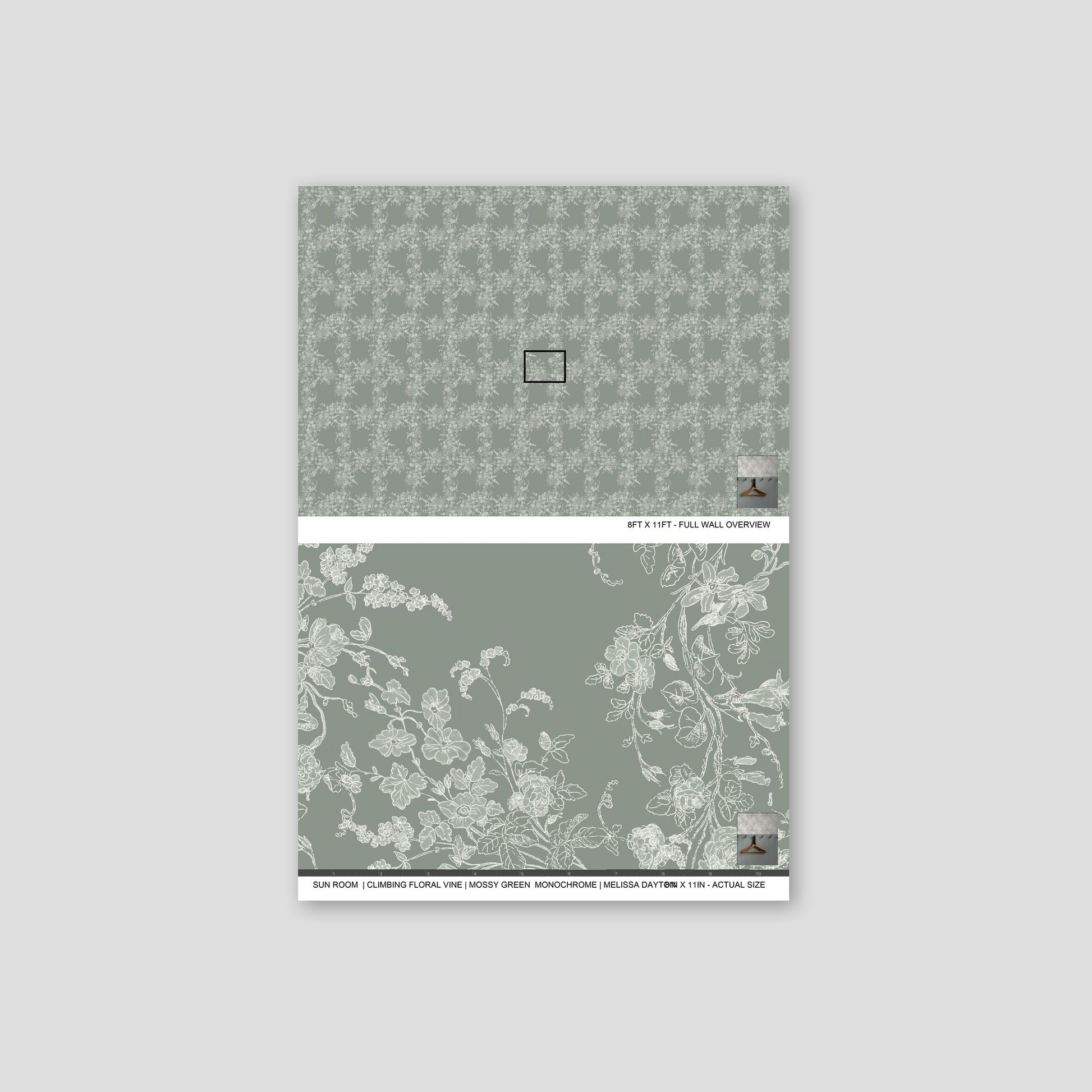 Mossy green monochrome floral vine wallpaper pattern sample.