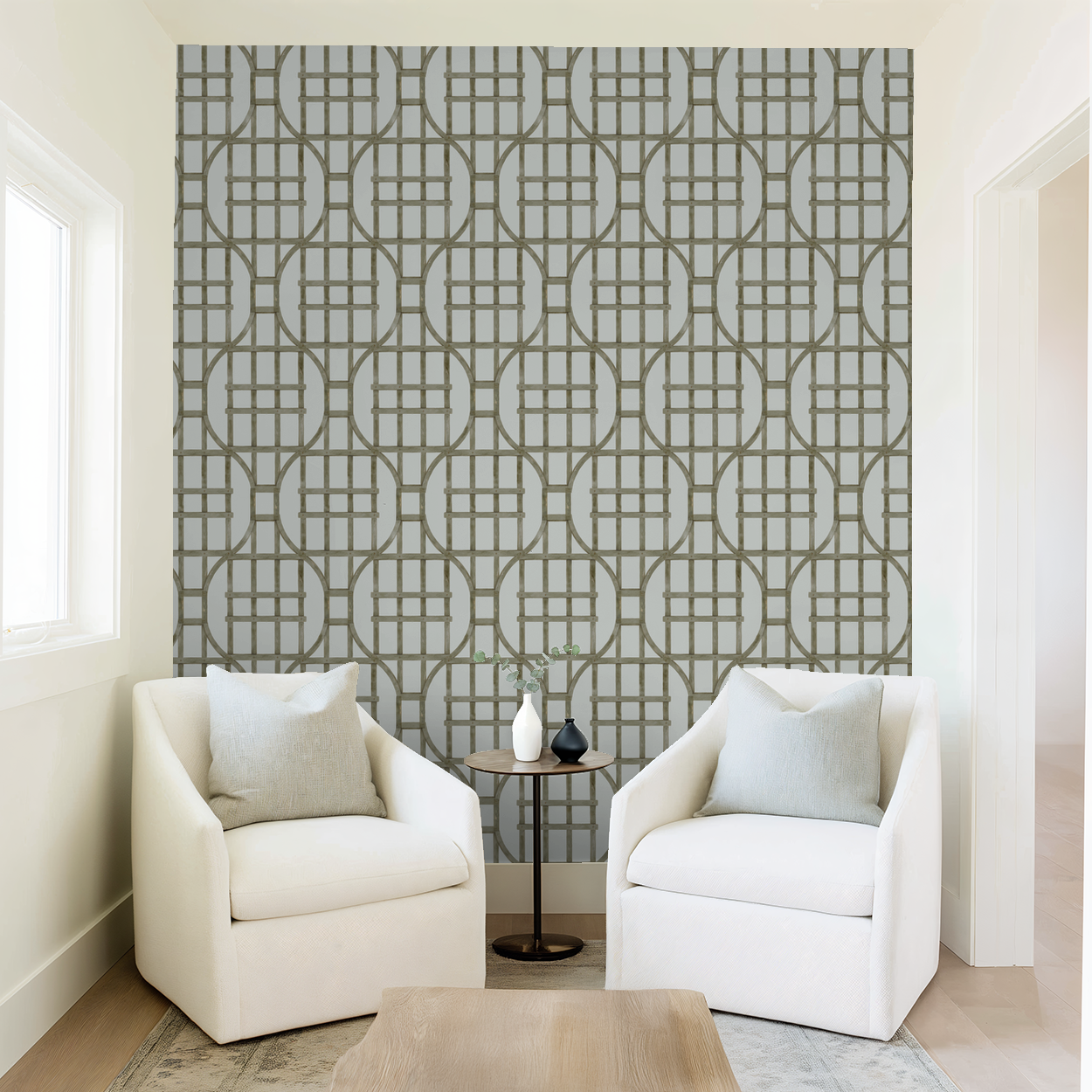Muted green trellis wallpaper in modern living room with white chairs